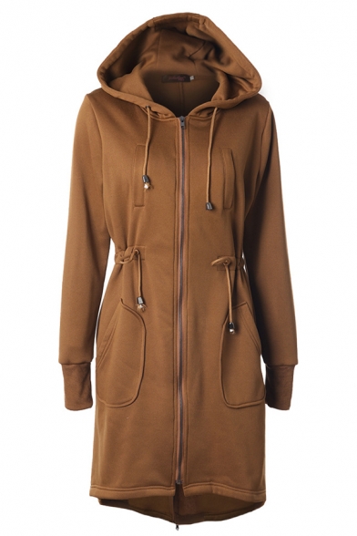Simple Women's Long Sleeve Hooded Zipper Front Drawstring Pockets Side Plain Slim Fit Midi Coat