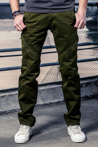 Solid Color Multi Pocket Zip Embellished Straight Leg Pants Cotton Pants for Men