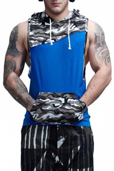 Sport Leisure Camo Panel Pouch Pocket Sleeveless Drawstring Hoodie Breathable Vest