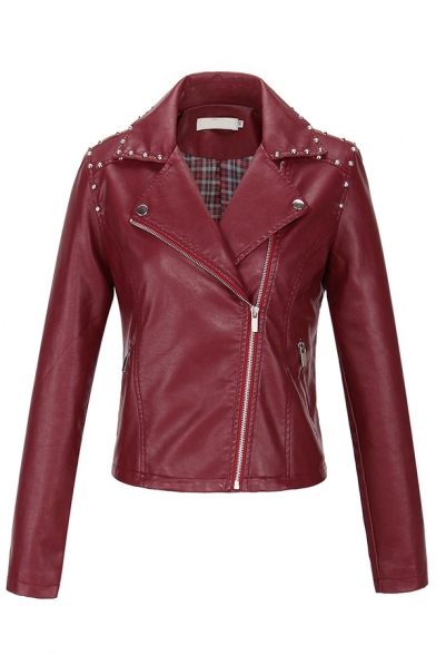 Stylish Cool Girls' Long Sleeve Notch Collar Zipper Front Rivet Button Decoration Pockets Side Fitted Plain Leather Jacket