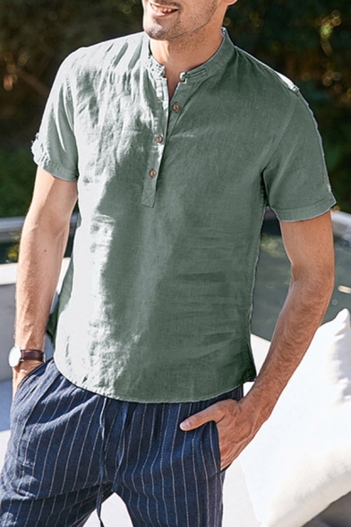 Summer Fashion Plain Rolled Short Sleeve Button Front Regular Linen Shirt Top