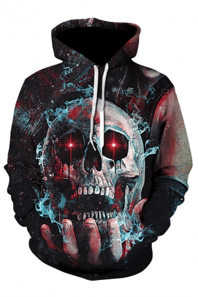 Terrible Skull and Finger 3D Printed Long Sleeves Relaxed Fit Black Hoodie
