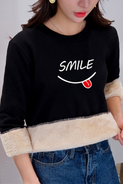 Thickened Fashion Long Sleeve Crew Neck SMILE Graphic Sherpa Liner Relaxed Pullover Sweatshirt for Girls