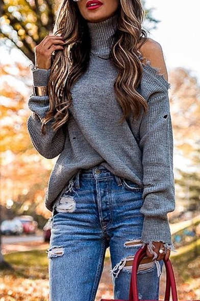 Trendy Elegant Ladies' Long Sleeve Turtleneck Cut Out Ripped Tassel Plain Purl-Knit Baggy Pullover Sweater