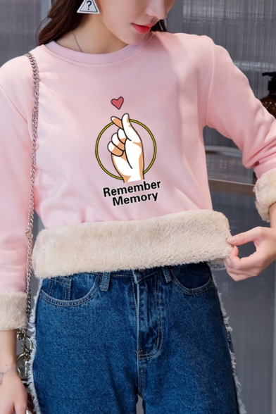 Trendy Girls' Long Sleeve Crew Neck REMEMBER MEMORY Letter Finger Heart Print Fitted Sherpa Lined Sweatshirt