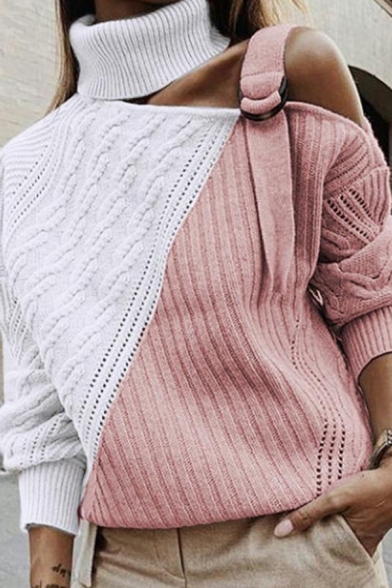 Trendy Ladies' Long Sleeve Turtleneck Buckle Strap Cut Out Hollow Knit Contrasted Relaxed Pullover Sweater Top