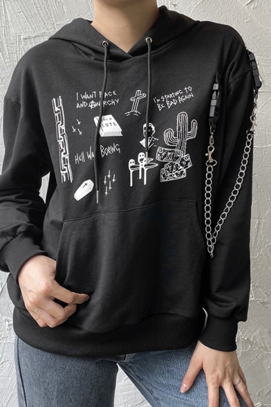 Unique Punk Girls Long Sleeve Drawstring Mixed Graphic Chain Buckle Embellished Kangaroo Pocket Boxy Hoodie in Black