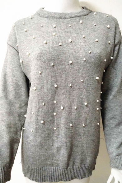 Women's Casual Cozy Long Sleeve Crew Neck Pearl Embellished Knitted Loose Fit Pullover Sweater Top in Grey