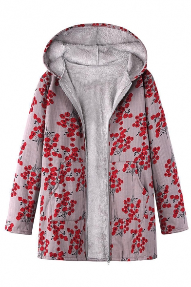Women's Thick Casual Long Sleeve Hooded Zipper Front Floral Print Sherpa Lined Baggy Long Coat