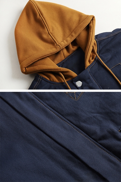 Women Warm Street Long Sleeve Hooded Drawstring Zip Up Press Button Flap Pockets Contrasted Buckle Detail Oversize Denim Jacket in Navy