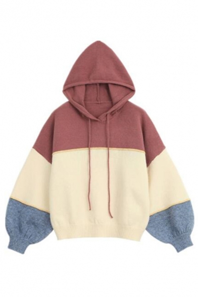 Womens Classic Colorblocked Patchwork Long Sleeve Oversized Drawstring Hoodie