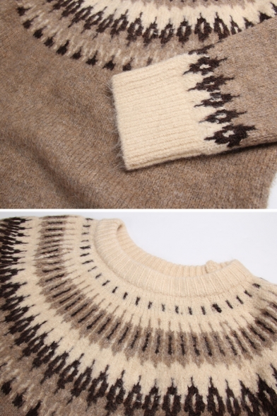 Womens Stylish Long Sleeve Round Neck Casual Khaki Fair Isle Sweater