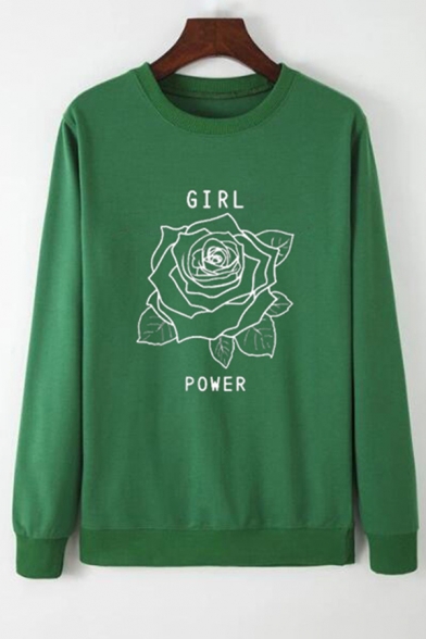 Womens Stylish Rose Letter GIRL POWER Printed Long Sleeve Round Neck Pullover Sweatshirt