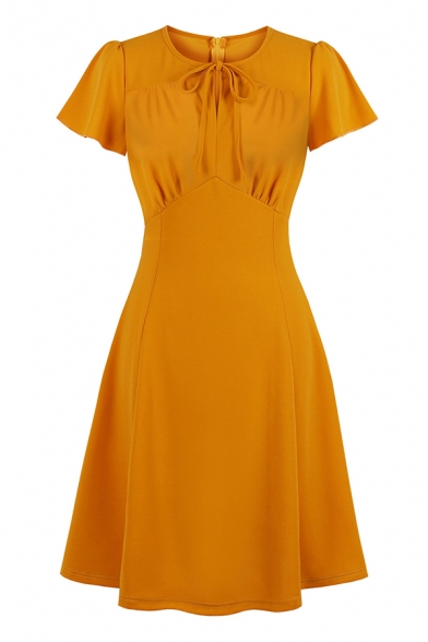 Basic Cute Orange Short Sleeve Crew Neck Zip Back Bow Tie Ruched Pleated Midi A-Line Dress for Ladies