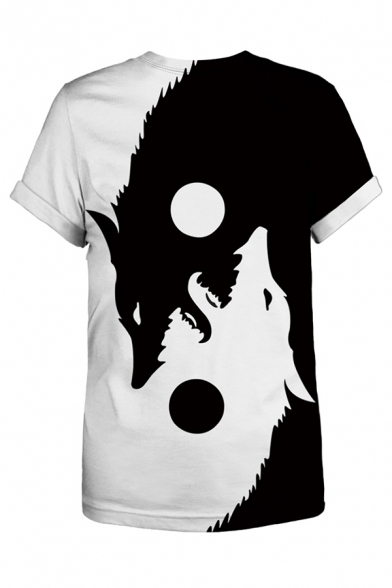Black and White Creative Lion Yin Yang Wolves Cat 3D Print Short Sleeve Round Neck Casual Tee