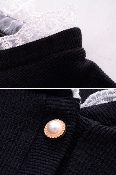 Black Pretty Long Sleeve V-Neck Pearl Button Down Lace Trim Purl-Knitted Loose Fit Cardigan for Ladies