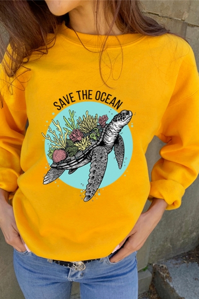Cartoon Sea Turtle Letter SAVE THE OCEAN Long Sleeve Round Neck Pullover Sweatshirt