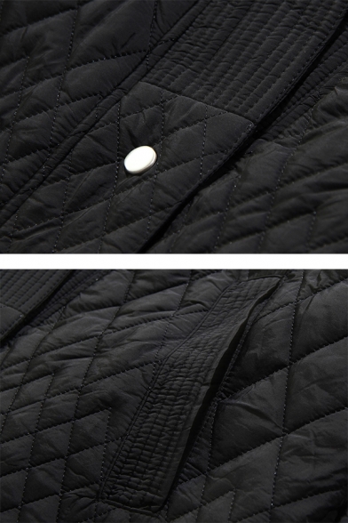 Casual Black Balloon Sleeve Deep V-Neck Button Front Baggy Thick Quilted Coat for Female