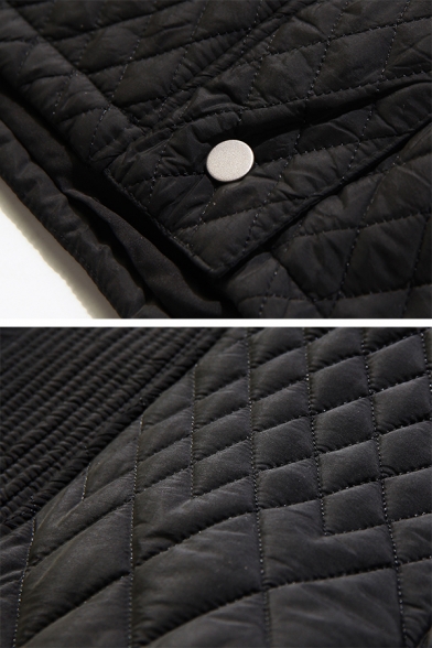 Casual Black Balloon Sleeve Deep V-Neck Button Front Baggy Thick Quilted Coat for Female
