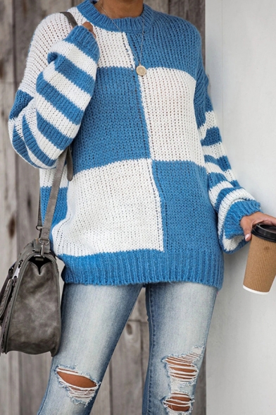 

Casual Fancy Long Sleeve Crew Neck Stripe Plaid Printed Waffle Knit Relaxed Pullover Sweater Top for Female, Blue;gray;khaki, LM576836