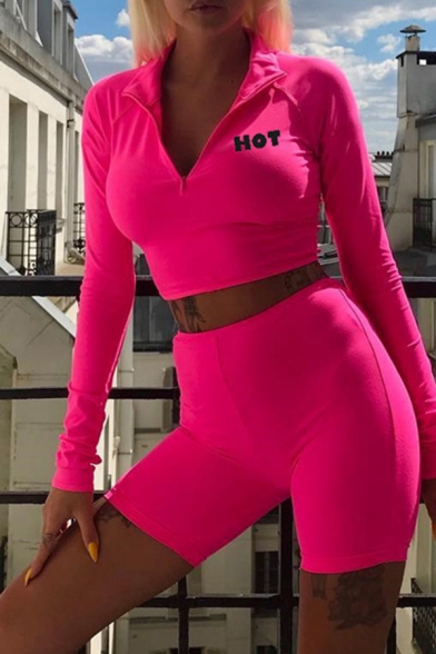 

Casual Letter HOT Printed Long Sleeve Half Zip Cropped Top with Fitted Shorts Sports Set, Black;rose red;fluorescent green, LM575203