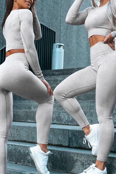 Casual Solid Color Long Sleeve Cropped Top Skinny Pants Yoga Fitness Two Piece Co-ords
