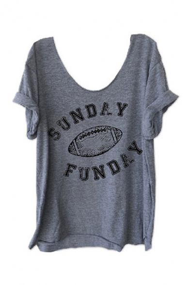 Casual Sport Women's Short Sleeve Scoop Neck Letter SUNDAY FUNDAY Rugby Print Loose Tee