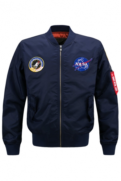 Classic Embroidery USA Flag NASA Print Letter Ribbon Decoration Zip Up MA-1 Flight Jacket