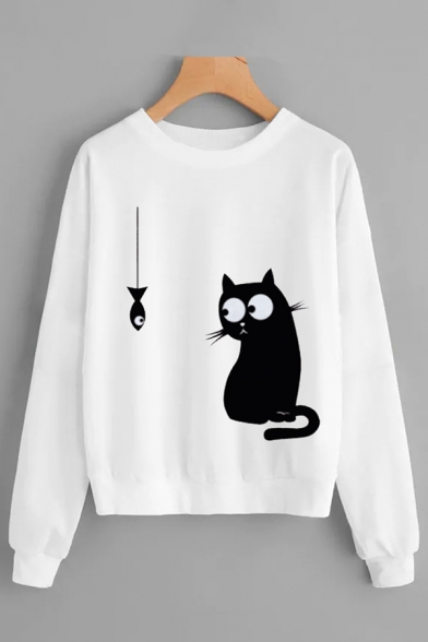 Classic Trendy Ladies' Long Sleeve Round Neck Kitty Fish Printed Loose Daily Pullover Sweatshirt