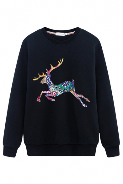 Cool Street Long Sleeve Crew Neck Deer Printed Boxy Pullover Sweatshirt for Girls