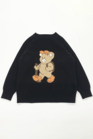 Cute Cartoon Bear Printed Long Sleeve Casual Loose Pullover Jumper Sweater