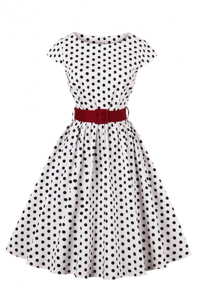 Cute Fancy Girls' Short Sleeve Boat Neck Zipper Back Polka Dot Print Belted Contrasted Midi Pleated Flared Gown Dress