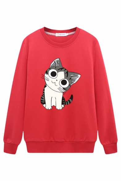 Cute Girls' Street Long Sleeve Crew Neck Kitty Patterned Boxy Daily Pullover Sweatshirt