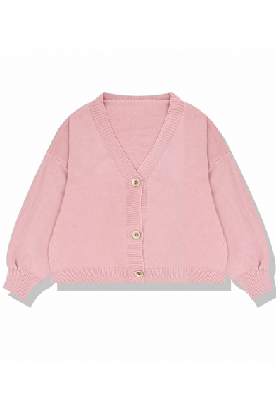 Cute Plain Blouson Sleeve V-Neck Button Down Purl-Knit Relaxed Short Cardigan for Girls