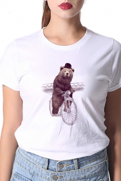 Fancy Cartoon Bear and Bike Pattern Short Sleeves Crewneck White T-Shirt