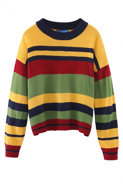Fashion Girls' Long Sleeve Crew Neck Stripe Printed Purl-Knitted Boxy Pullover Sweater Top