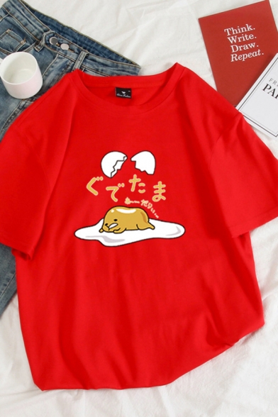Funny Japanese Letter Lazy Egg Printed Short Sleeves Loose Fit Summer T-Shirt