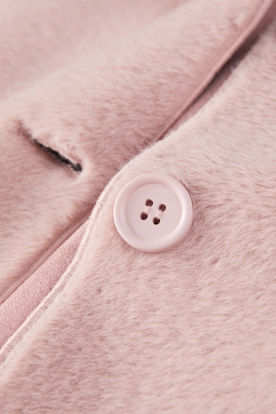 Girl's Pink Cute Long Sleeve Lapel Collar Button Down Patched Pockets Velvet Loose Coat