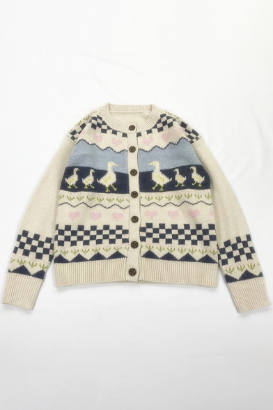 Girls Cute Plaid Triangle Duck Pattern Long Sleeves Button-Up Beige Knit Cardigan Coat