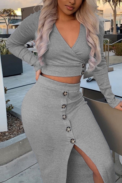 Graceful Long Sleeve V-Neck Crop Top with Button Decoration Split Front Midi Skirt Gray Co-ords