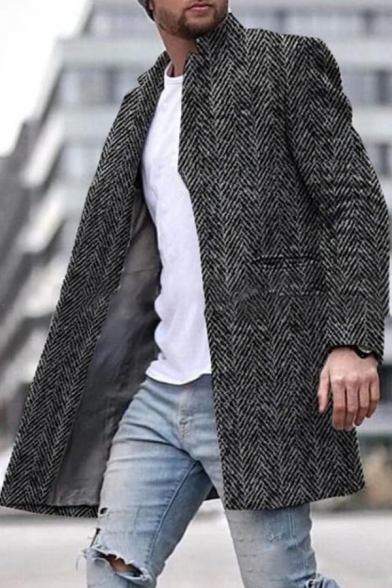 Hot Popular Black Herringbone Printed Long Sleeve Stand Collar Longline Wool Coat