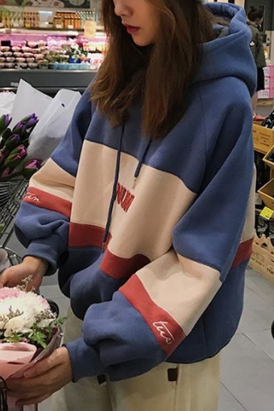 Korean Style Girls' Blouson Sleeve Letter NUM Printed Contrasted Oversize Hoodie in Blue