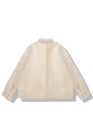 Lovely Girls' Long Sleeve Lapel Neck Button Down Patched Pockets Sherpa Baggy Jacket in Apricot