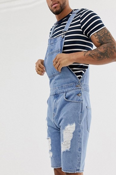 Mens Casual Fashion Light Blue Ripped Shredded Jeans Shorts Overalls