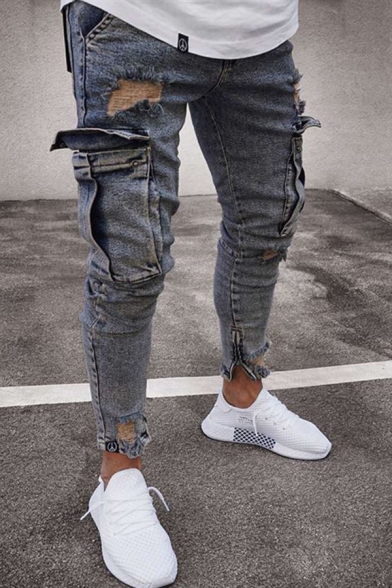 Mens Retro Solid Color Side Flap Pocket Zipper Fly Skinny Frayed Jeans