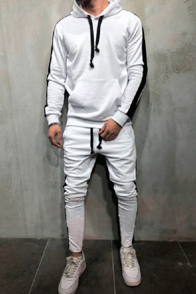 Mens Sport Fashion Striped Long Sleeve Pouch Pocket Drawstring Hoodie with Pants Set