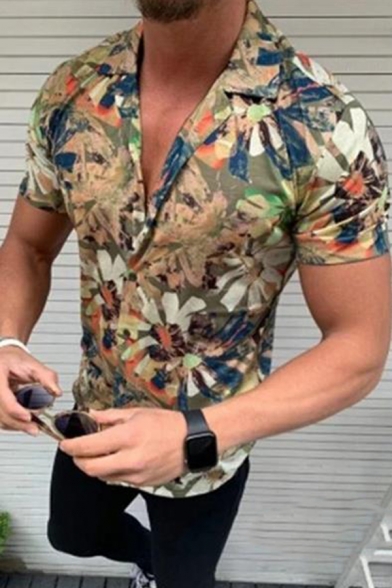 New Arrival Chic Floral Printed Short Sleeve Button Up Slim Fit Beach Shirt