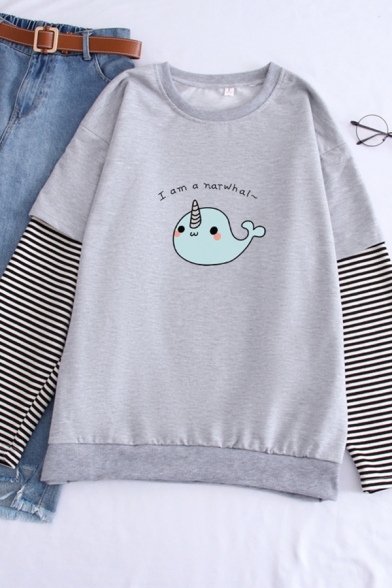 New Arrival Letter I AM A NARWHAL Print Patched Long Sleeve Graphic Sweatshirt