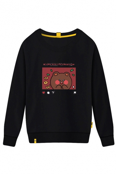 Preppy Girls Long Sleeve Round Neck Letter LIKEHER CLUB Bear Pattern Baggy Pullover Sweatshirt