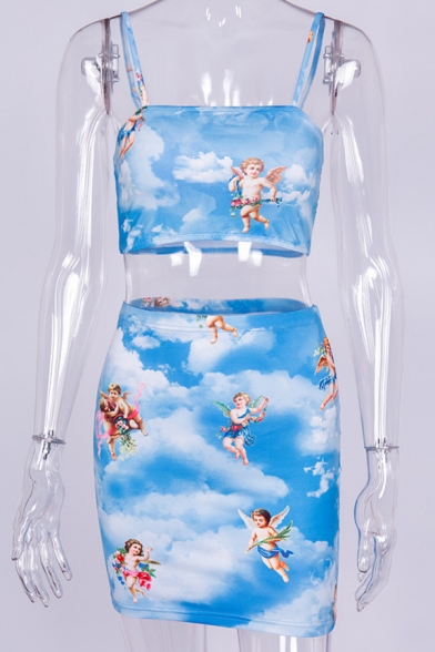 Sexy Fashion Blue Paradise Angel with Flower Printed Cropped Cami Top with Mini Bodycon Skirt